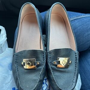 Kate Spade Black Leather Loafers with Gold Buckle